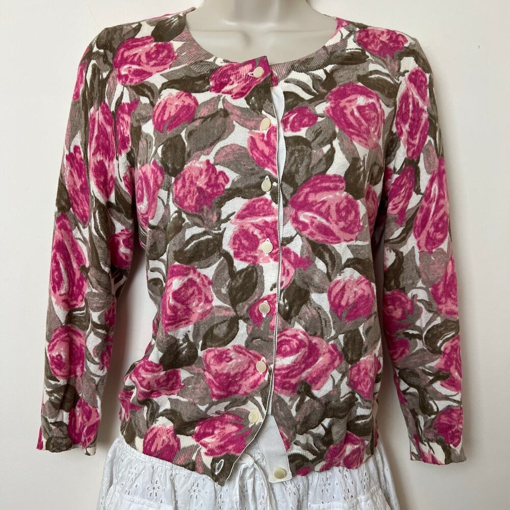 Banana Republic Mad Men Collab 100% Cotton Pink Floral Cardigan Sweater Small